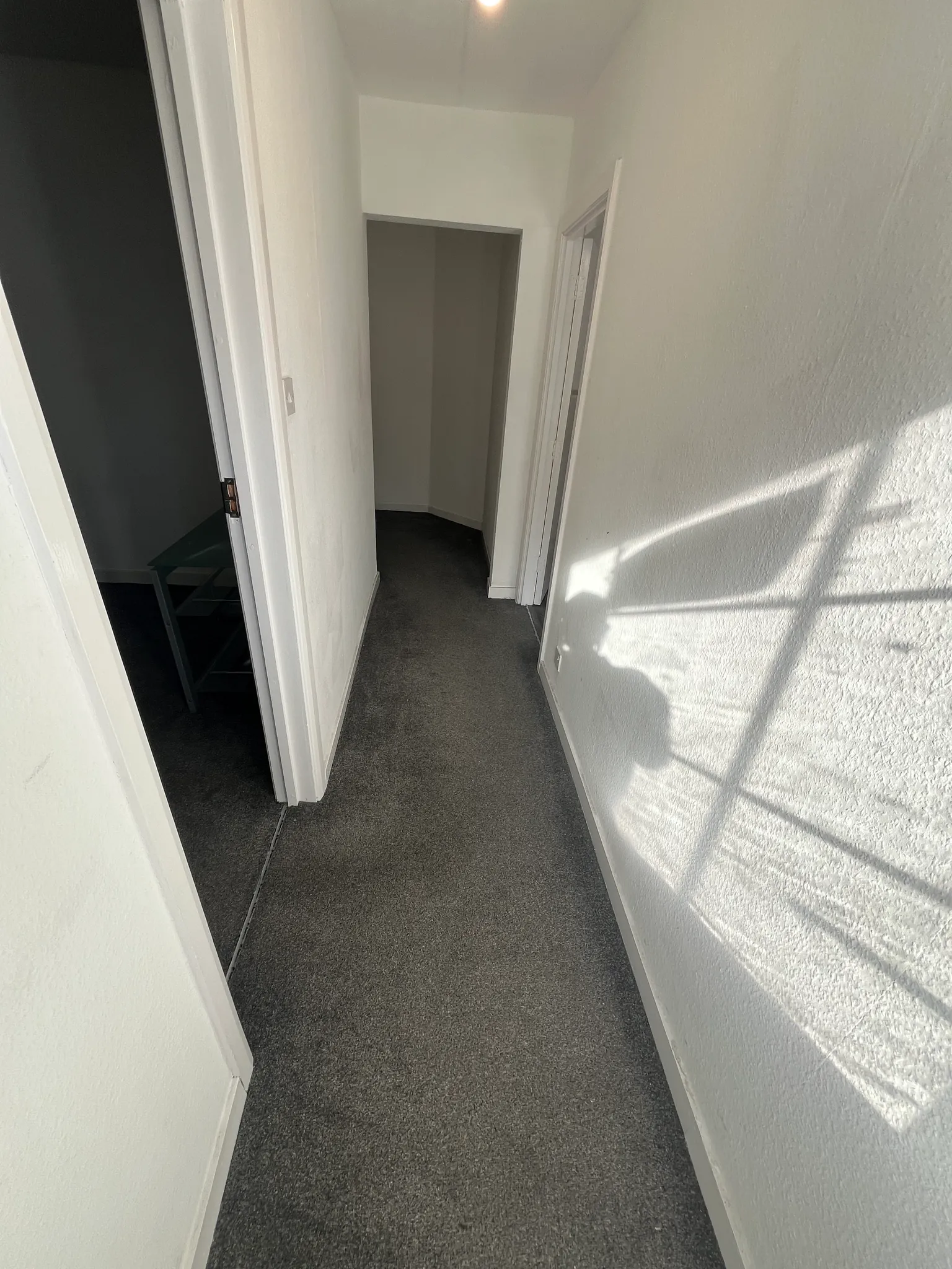 Narrow hallway with gray carpet, white walls, doorways and window shadows on the right wall.