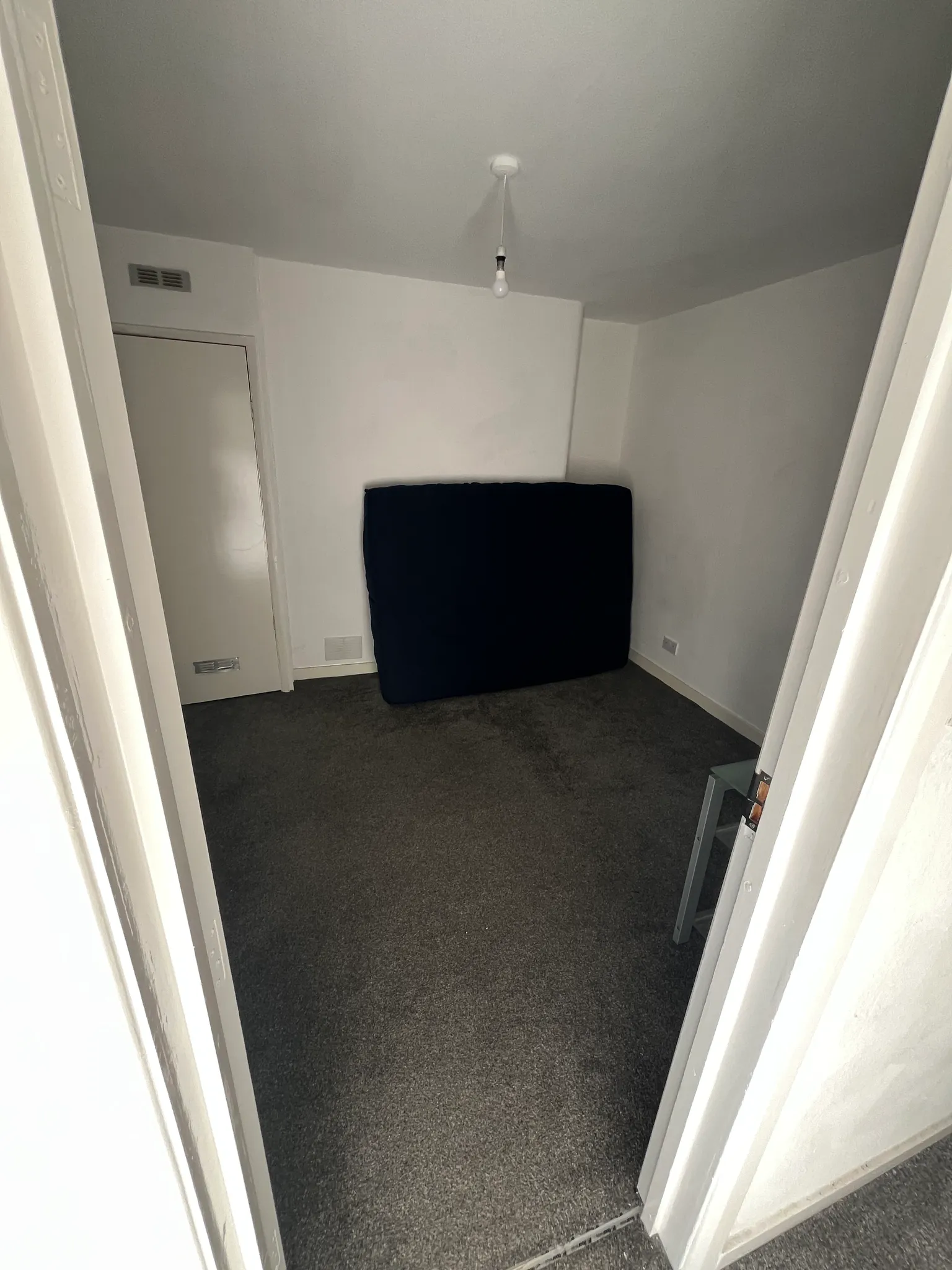 Small bedroom with a mattress propped against a white wall, bare ceiling light, closed door and carpeted floor.